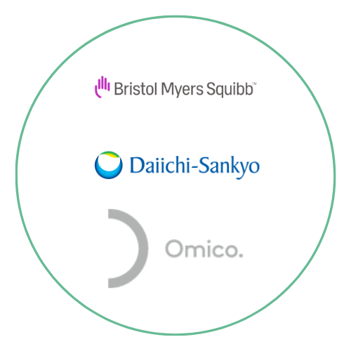 BMS, Daiichi-Sankyo, and Omico logos